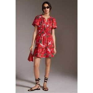 Anthropologie The Somerset Mini in Red Floral Bird Crane Cotton Dress